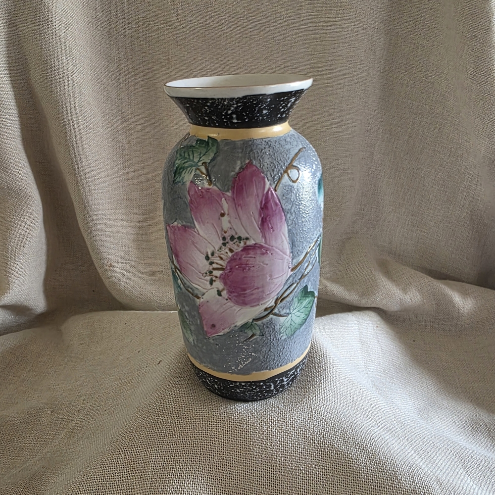 Floral Ceramic Vase w/ Pink & Purple Flower Design